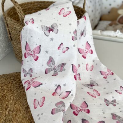 Muslin tetra pelena 75x75cm – roze leptirići